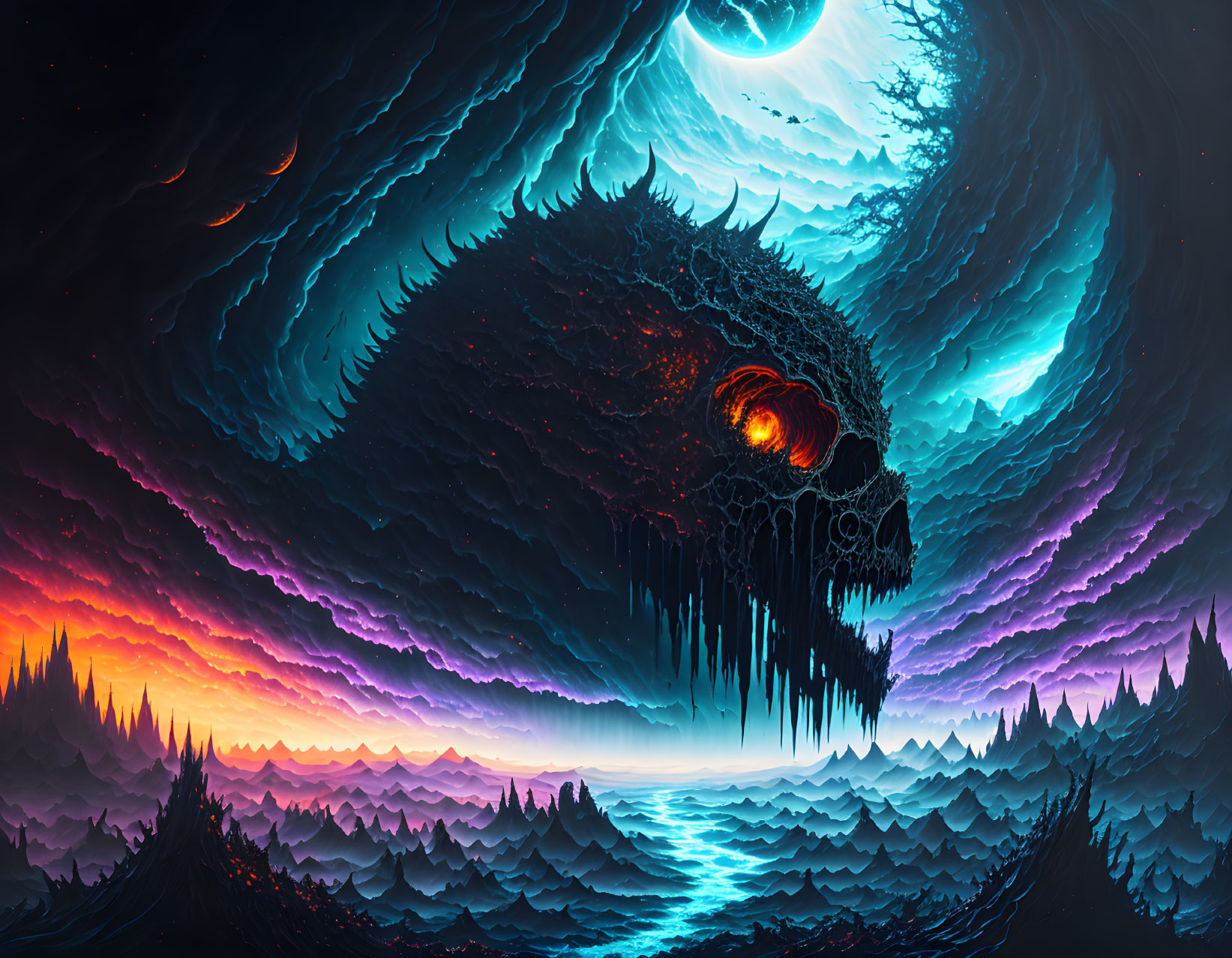 Glowing skull in cosmic landscape with mountains under blue sky