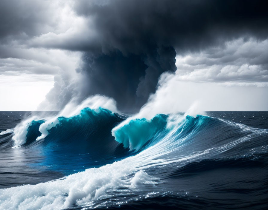 Dramatic seascape with storm clouds over turbulent ocean waves