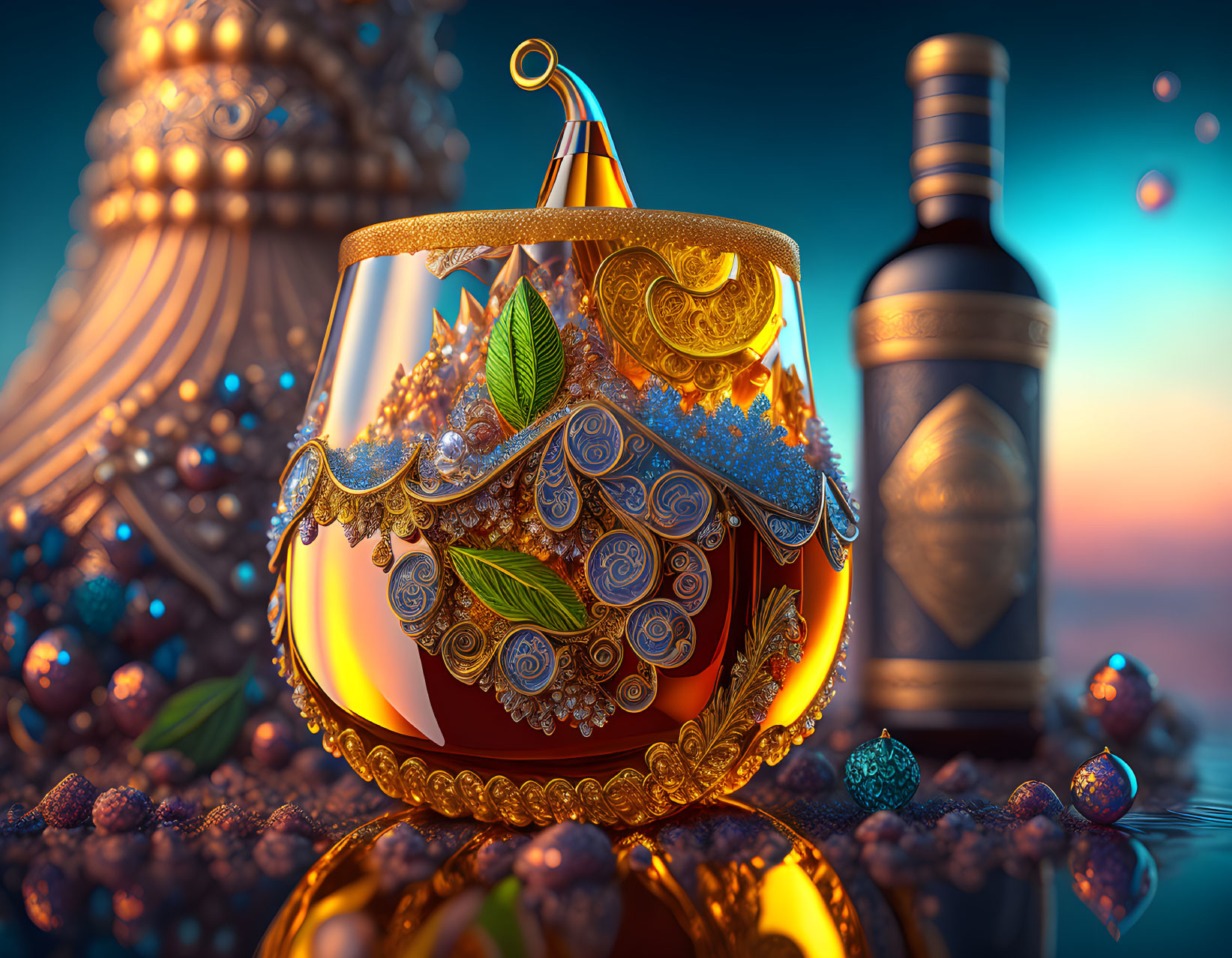 Ornate swirling cognac glass with golden embellishments, green leaves, berries, bottle, and