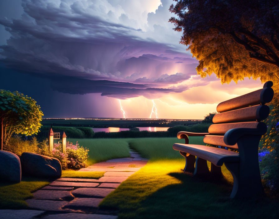 Tranquil park scene with bench, cobblestone path, lake, and distant thunderstorm.