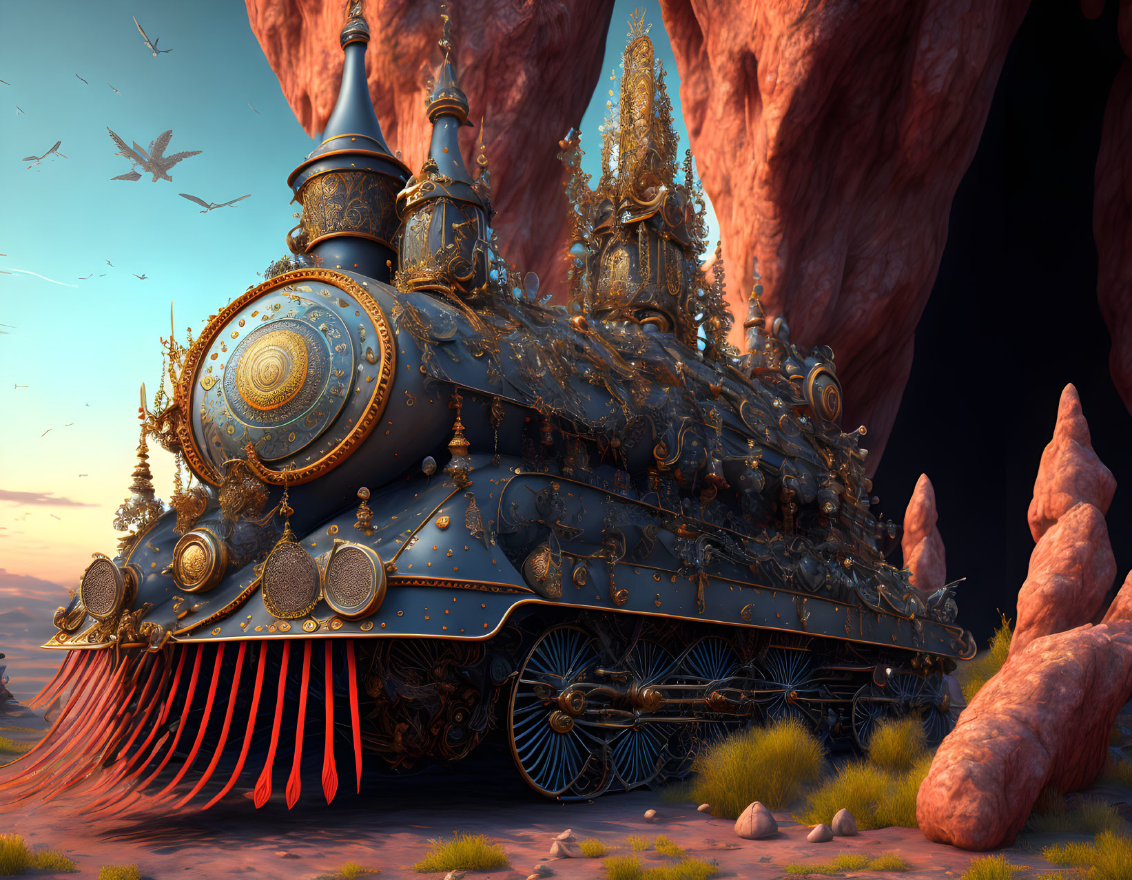 Steampunk-style train in desert with rock formations and birds