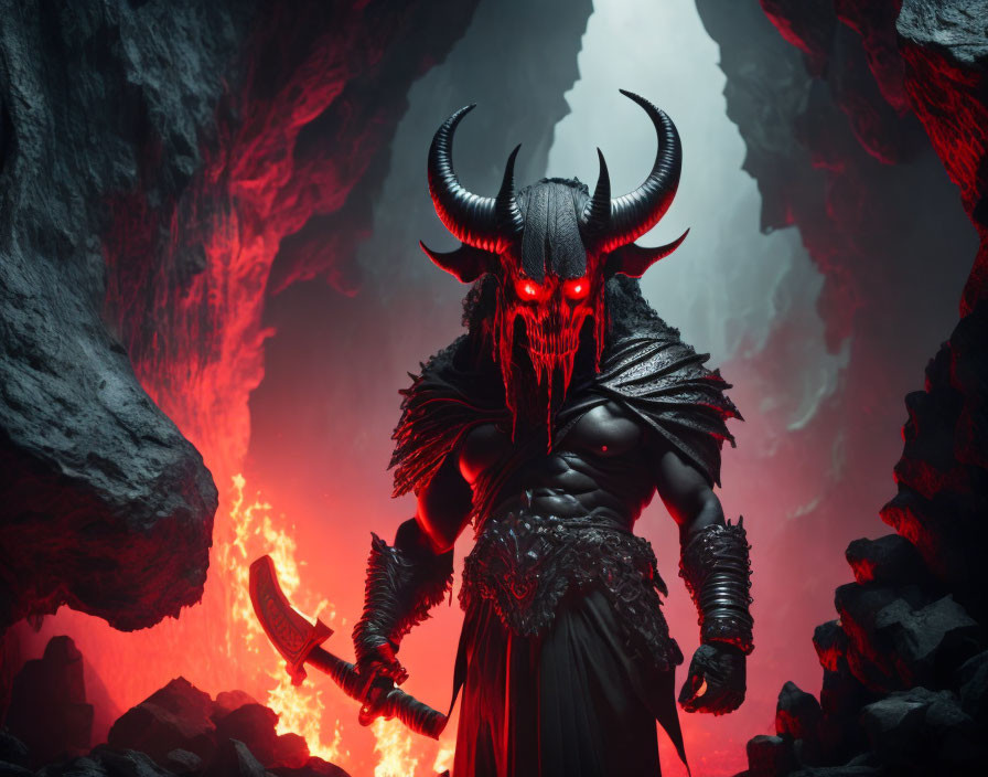 Sinister figure with glowing eyes, horns, dark armor in fiery cave with blade