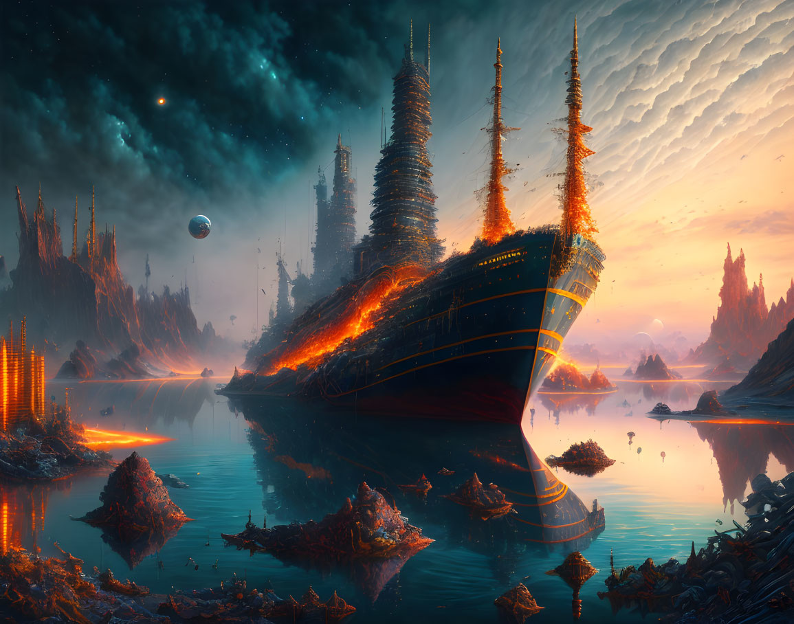 Futuristic cityscape with towering spires and ship-like structure by water under starry sky