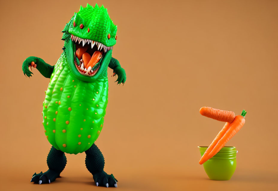 Colorful 3D illustration of surprised dinosaur in costume with floating carrot and pot