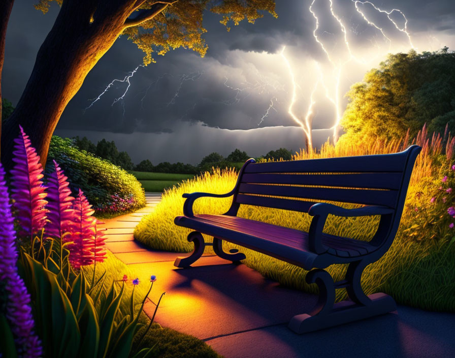 Night garden path with blue bench, vibrant flowers, and dramatic thunderstorm.