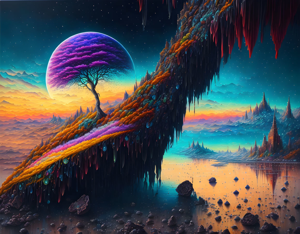 Fantasy landscape with floating island, giant moon, and colorful terrain