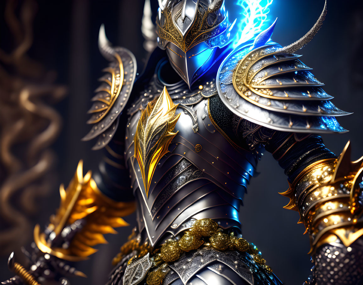 Fantasy knight in ornate armor with gold accents and glowing blue magic.