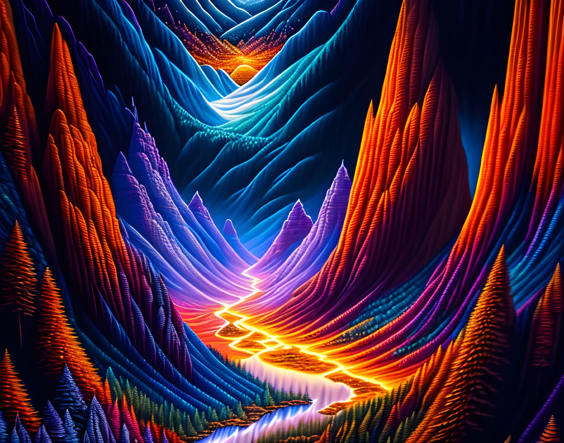 Colorful digital artwork of neon landscape with glowing river