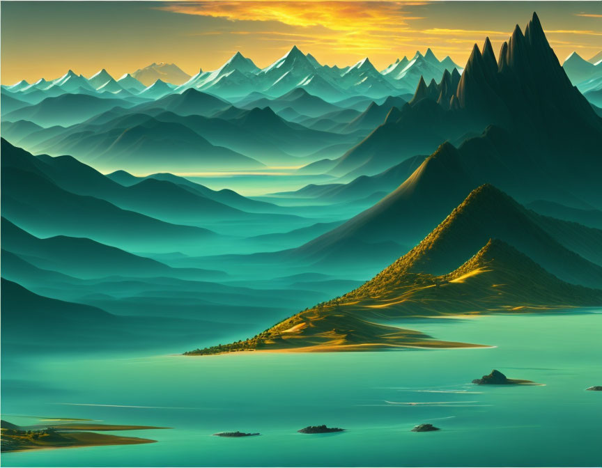 Tranquil digital landscape: Layered mountains, vibrant sunrise, serene blue and green shades, mist