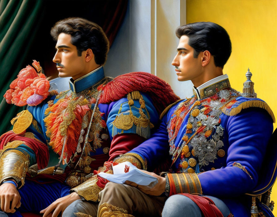 Men in ornate regal uniforms with medals and sashes against elegant backdrop