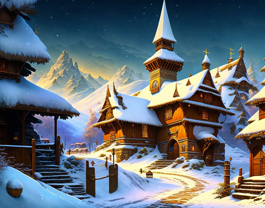 Snow-covered traditional wooden houses under a clear night sky with mountain peaks.