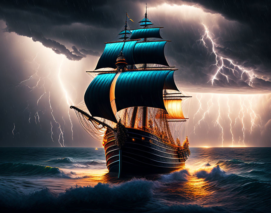 Sailing ship with lanterns in stormy ocean with lightning