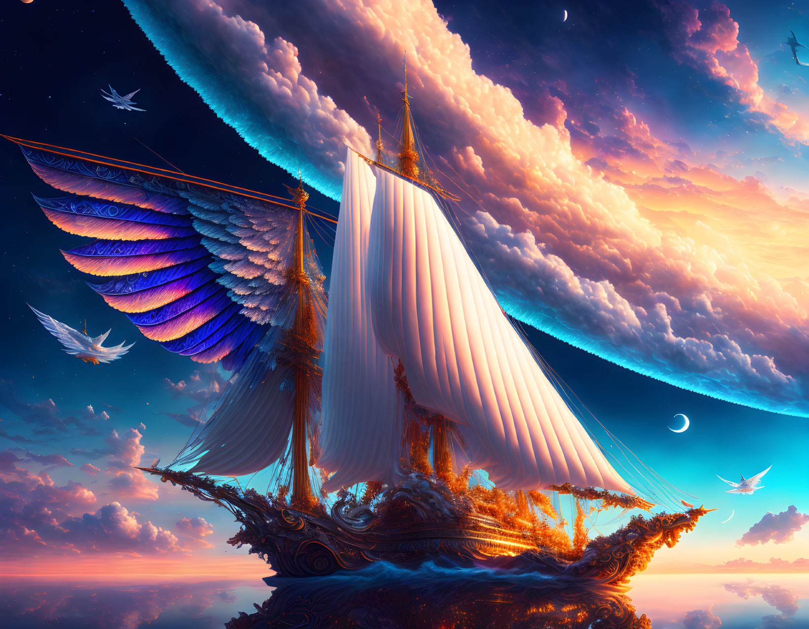 Ornate sailboat with feather-like sails in fantastical sky