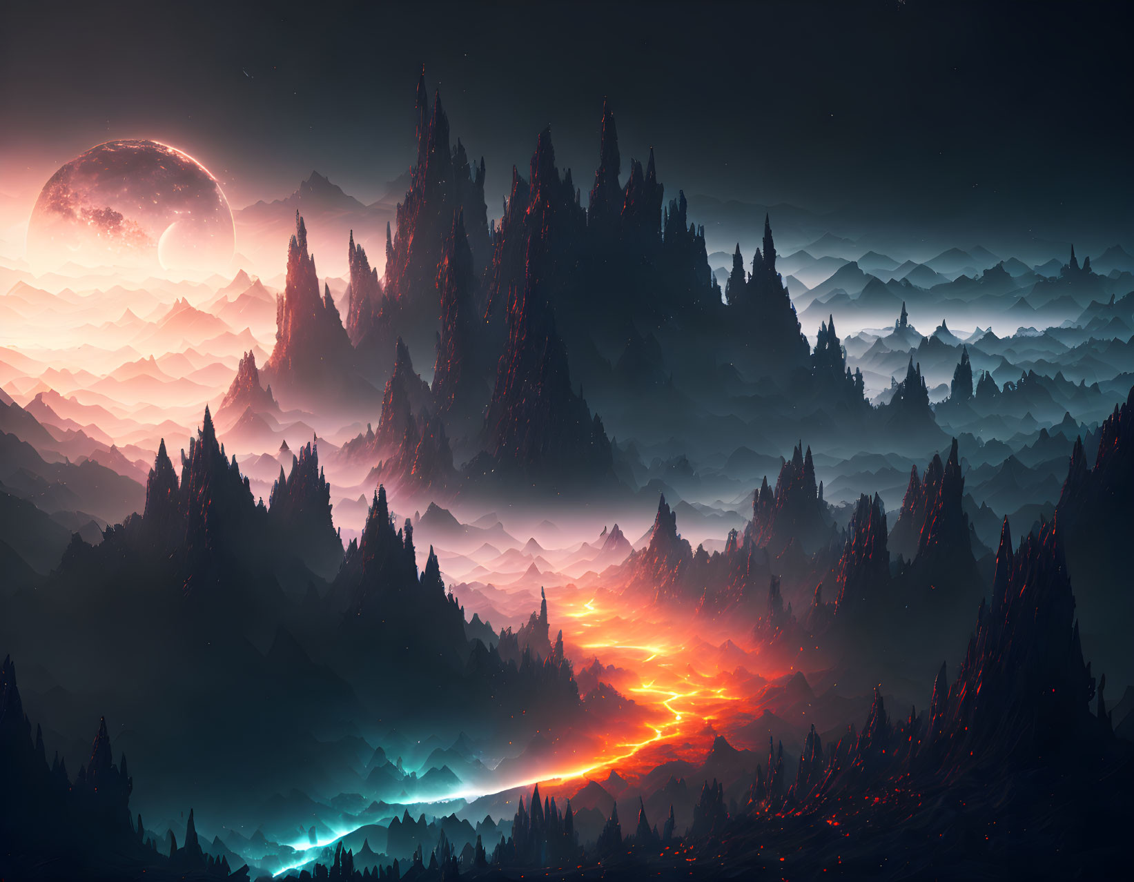 Majestic mountains with lava flow, misty hills, and moonlit sky