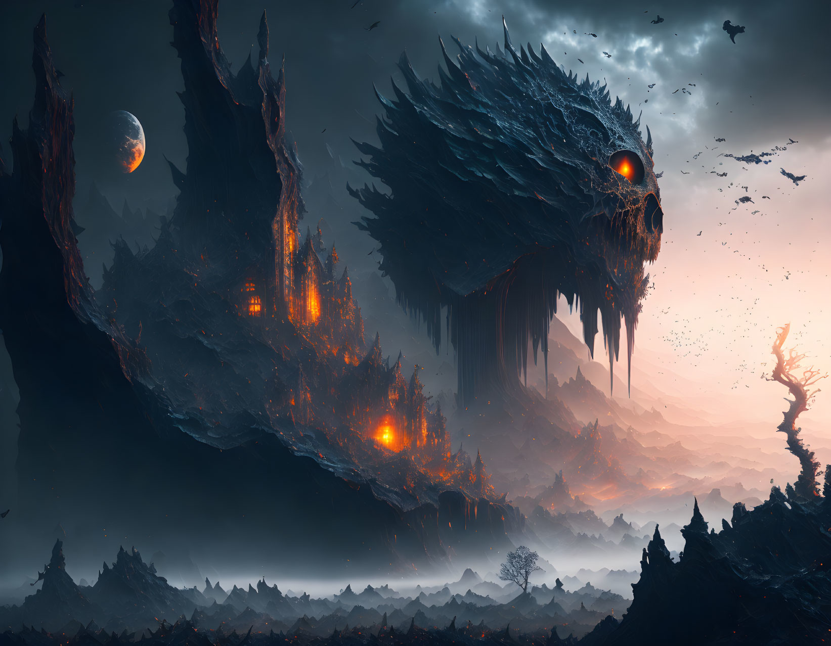 Dark Fantasy Landscape with Skull Mountain and Dual Moons