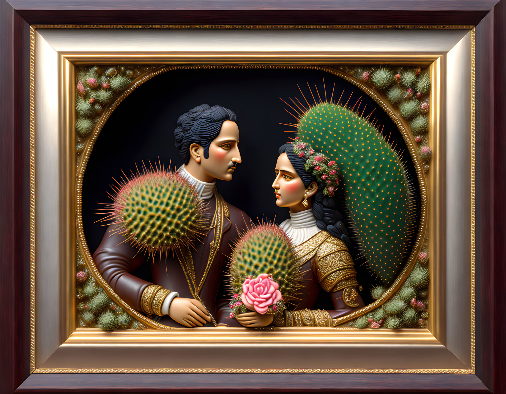 Detailed painting of a couple in romantic pose surrounded by cacti and flower