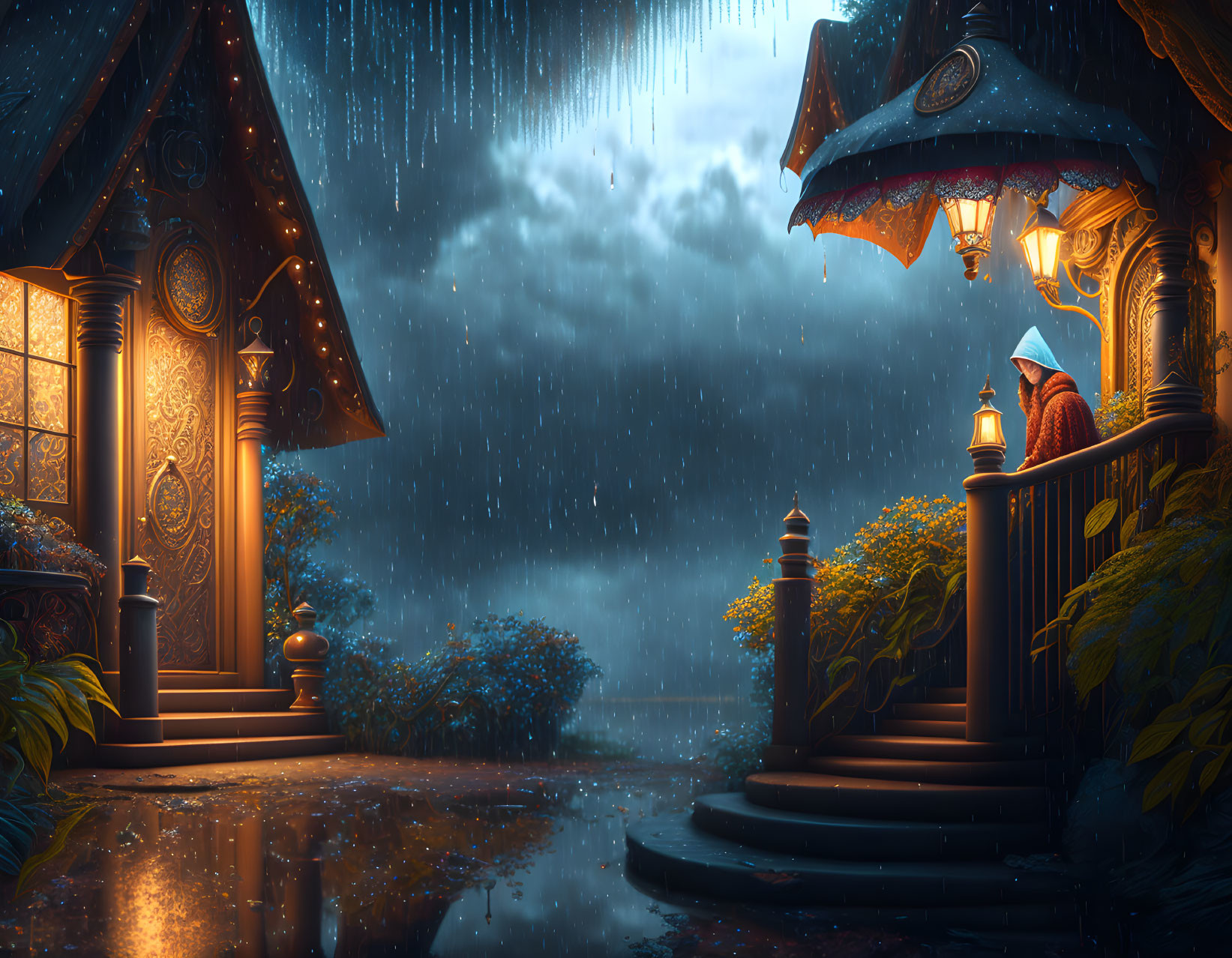 Person under umbrella by traditional house in rainy twilight with glowing lamps.