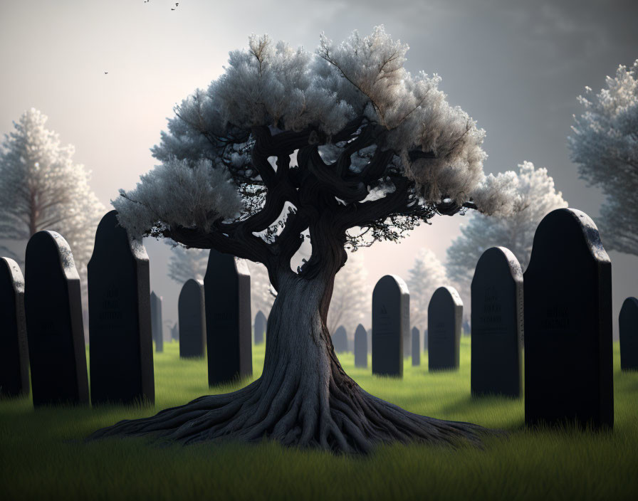 Majestic tree in serene graveyard with tombstones under cloudy sky