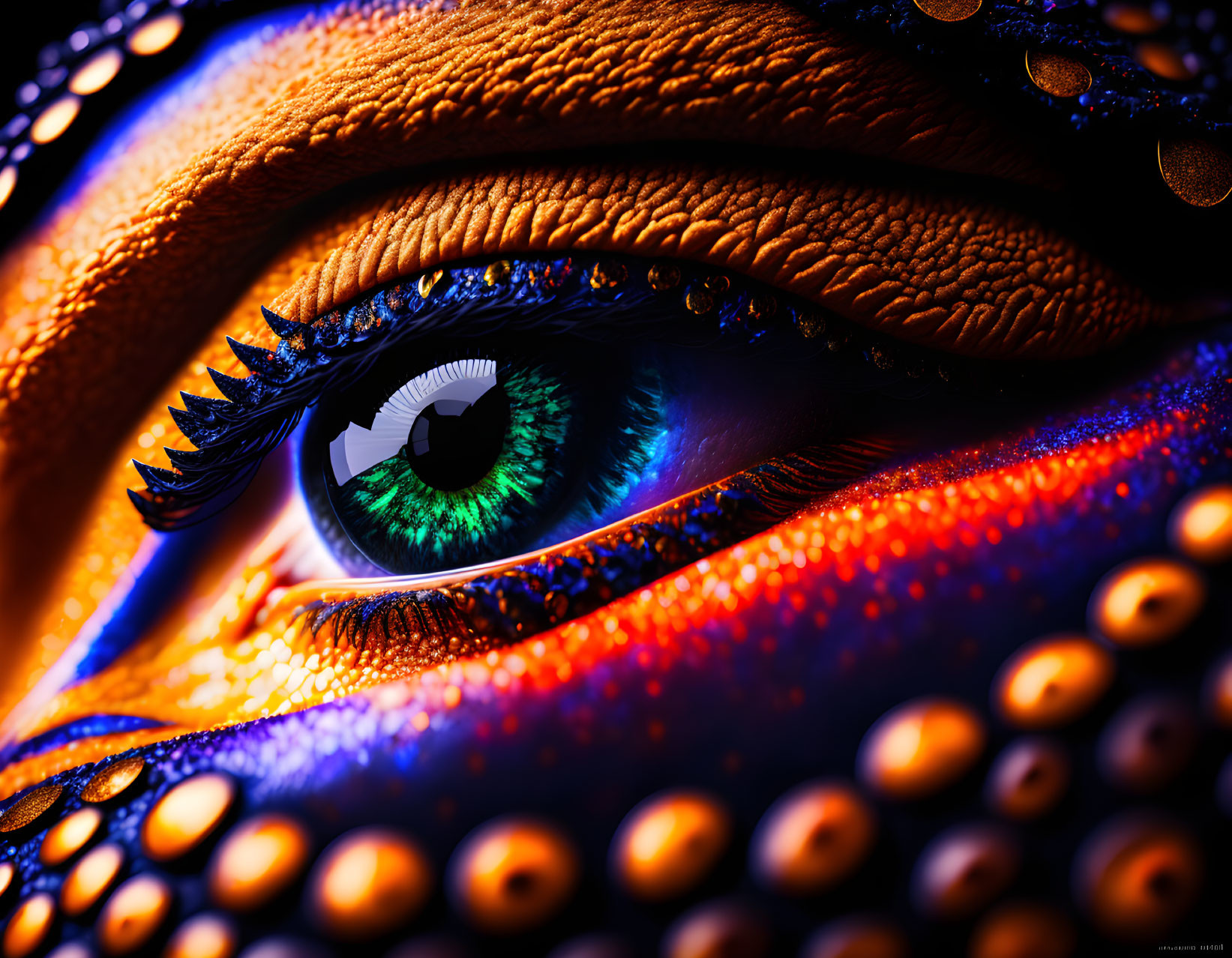 Vibrant Orange and Blue Eye Makeup with Green Iris