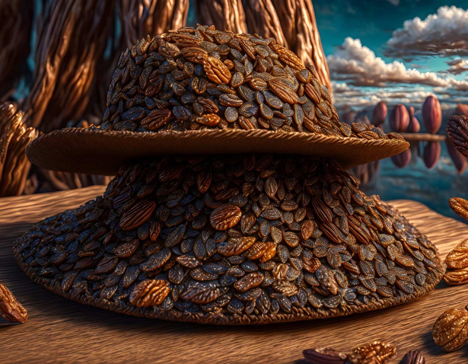 Almond Hat on Wooden Surface with Cloudy Sky Background