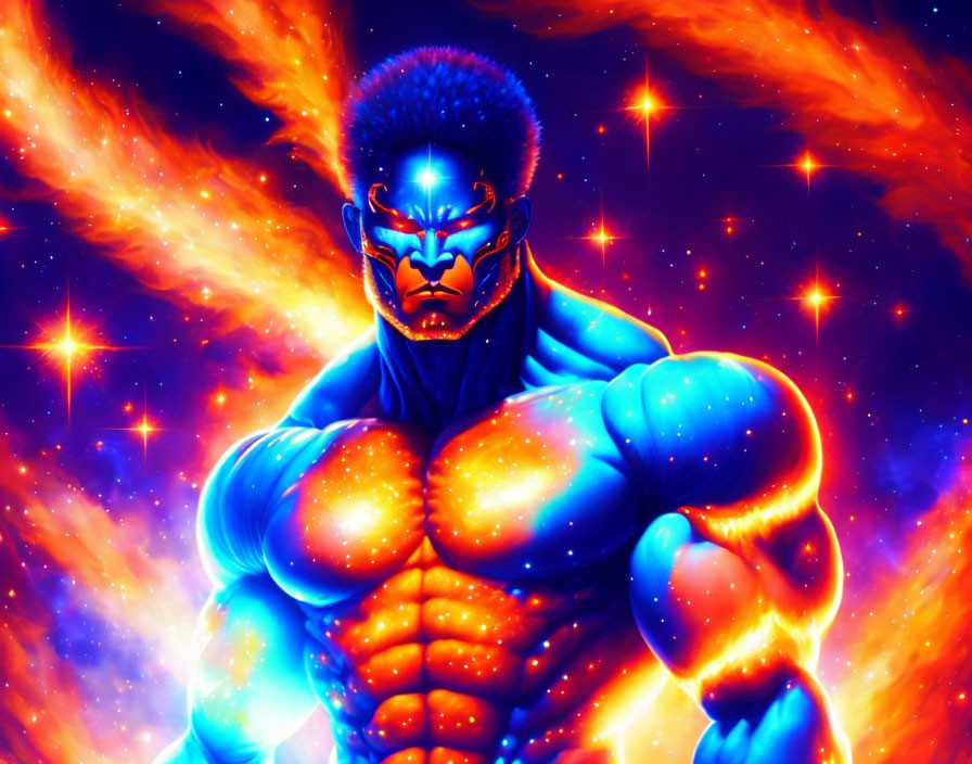 Muscular superhuman figure with glowing blue lines in fiery cosmic setting