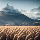 Golden Wheat Field and Layered Mountains Landscape Under Blue Sky