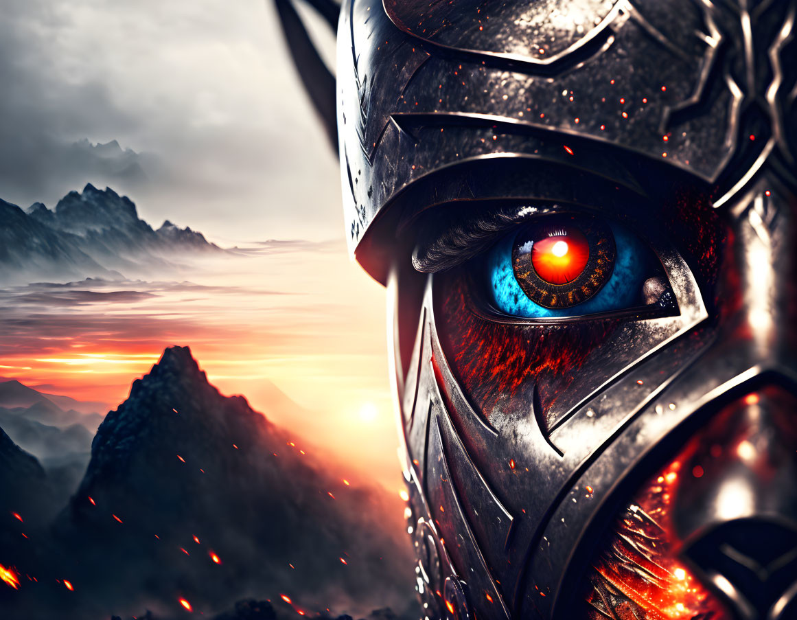 Detailed Knight Armor with Blue Glowing Eye Against Sunset Mountains