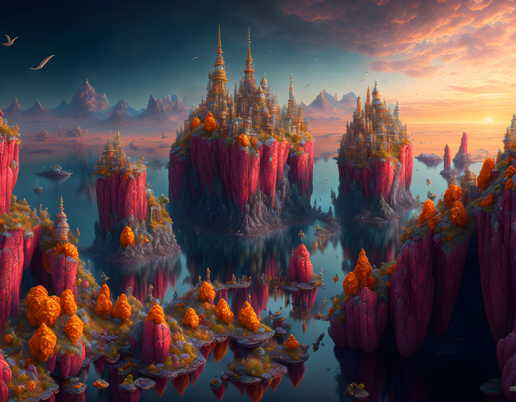 Fantastical landscape with pink cliffs, castles, reflective water, and vibrant sunset sky