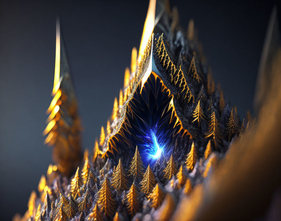 Golden fractal spikes with glowing blue core in dark abstract digital art