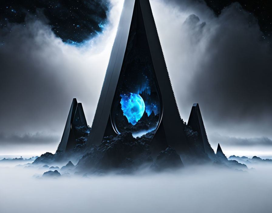 Surreal landscape with massive triangular structures and glowing blue planet above sea of clouds