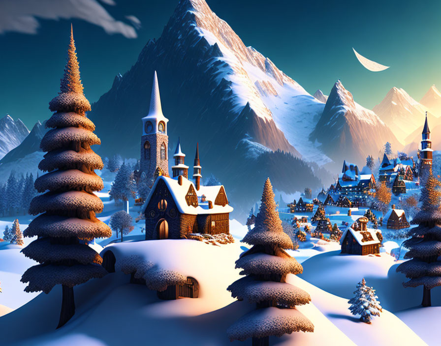 Winter landscape with church, snow-covered houses, pine trees, mountains, and crescent moon.