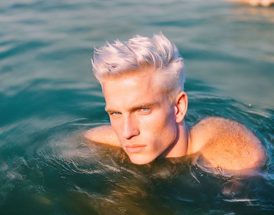 Platinum blond man with blue eyes submerged in water.