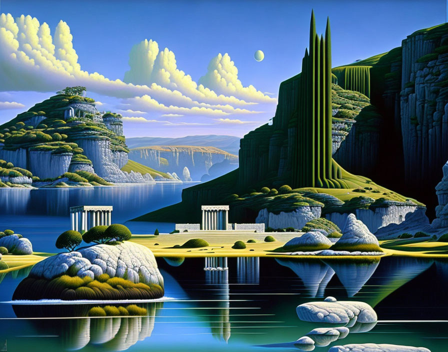 Surreal landscape with emerald cliffs, classical structures, calm waters, and round cloud formations under