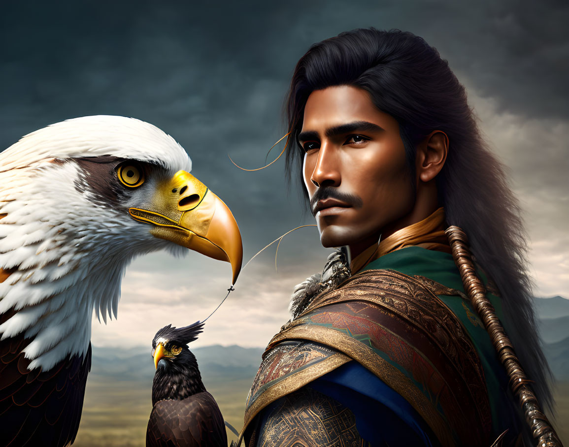 Digital artwork featuring stern man with eagle and bird in dramatic sky