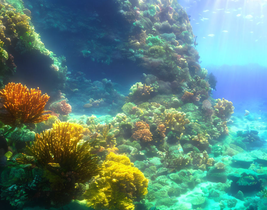 Colorful coral reefs and marine flora in vibrant underwater scene with sunbeams.