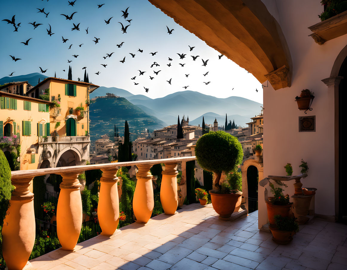 Scenic Italian landscape with balcony, potted plants, birds, mountains, and classical architecture