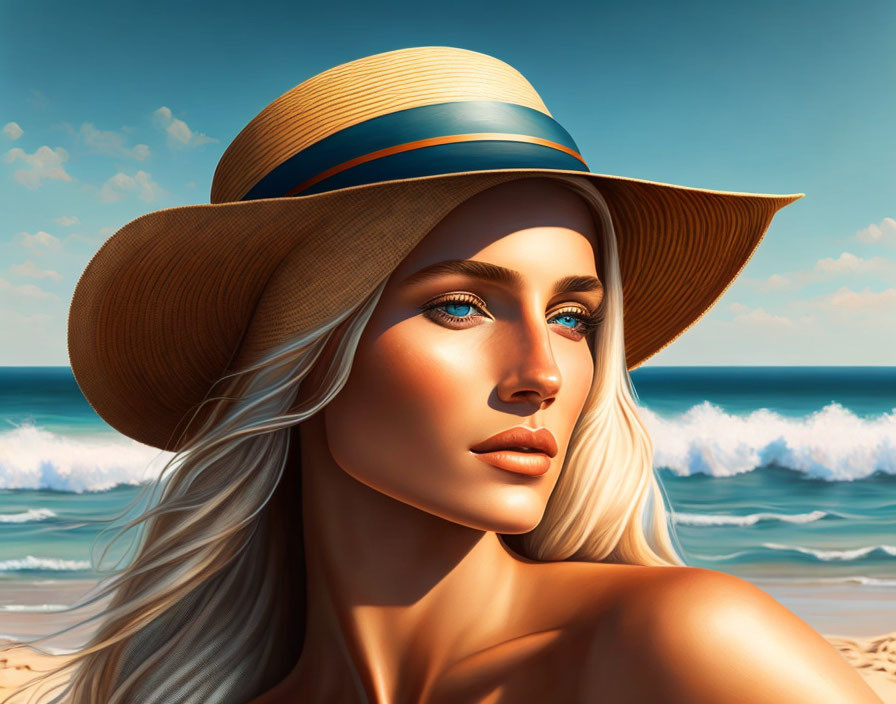 Blonde Woman in Wide-Brimmed Hat by Beach Waves