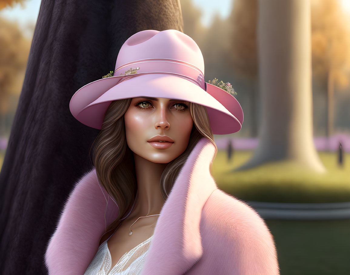 Digital Artwork: Woman in Pink Hat and Coat with Autumn Trees