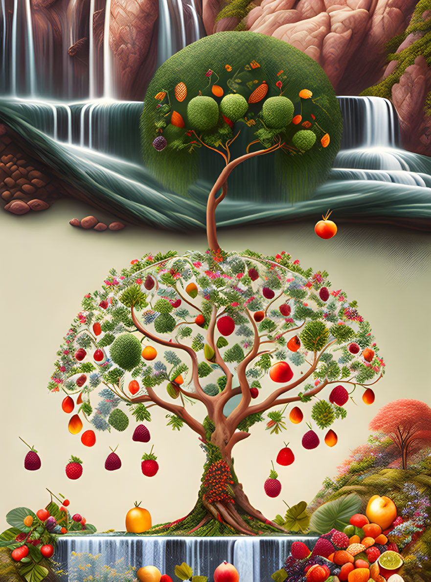 Fantasy tree with diverse fruit against waterfalls landscape