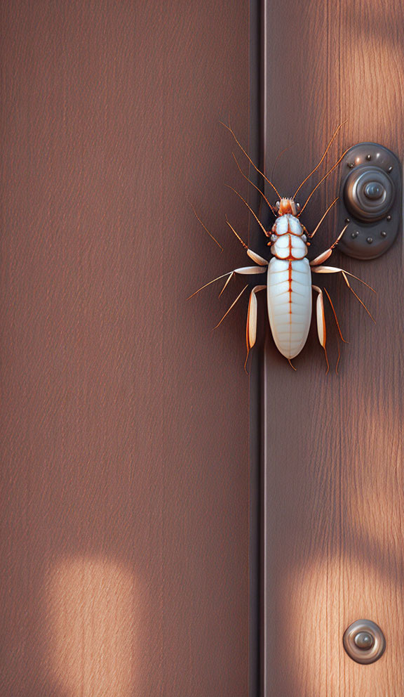 Large cockroach crawls on wooden door near doorknob