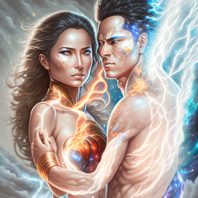 Digital art: Man and woman with cosmic energy and celestial light.