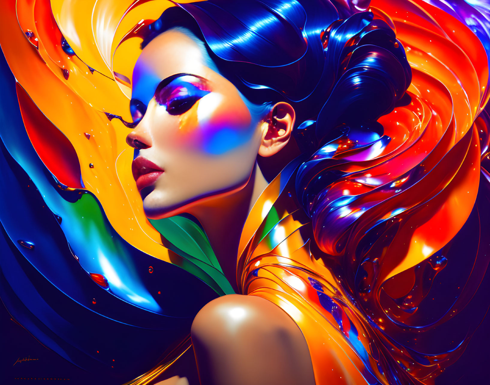 Colorful digital art: Woman with abstract multicolored hair and vibrant makeup on dark backdrop