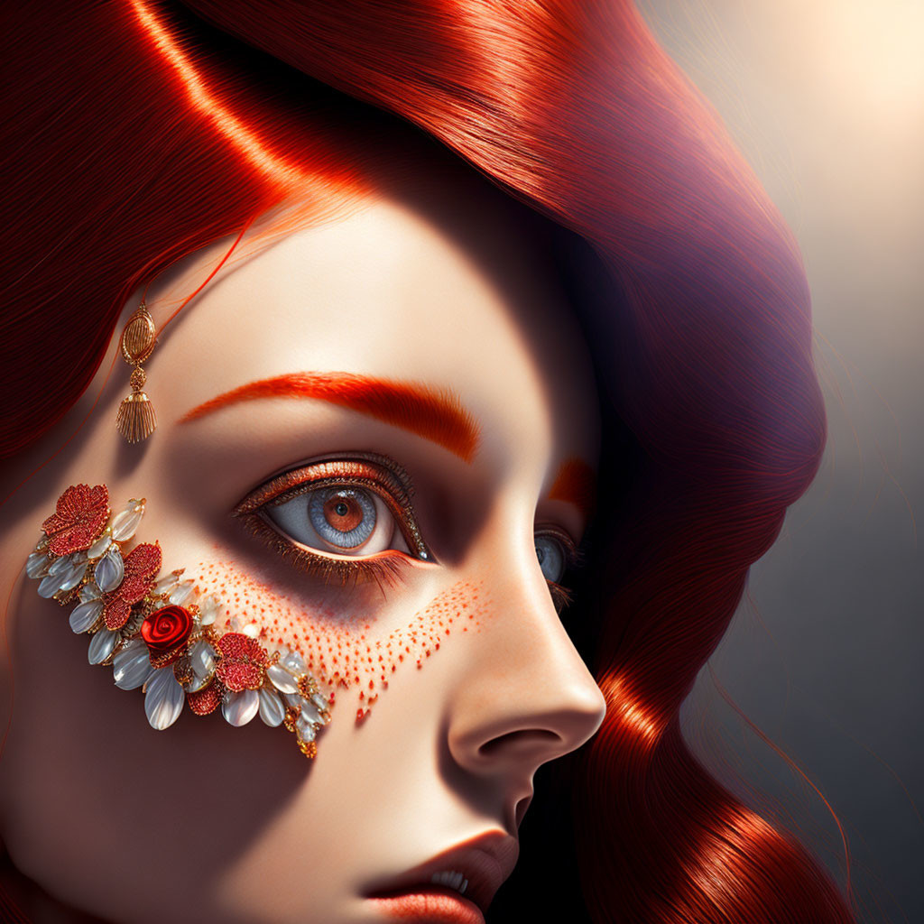 Vibrant red hair woman with artistic makeup and gold floral accents