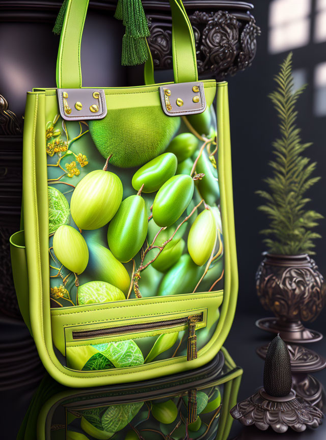 Green Handbag with Fruit and Leaf Design Next to Dark Metalwork and Potted Plant