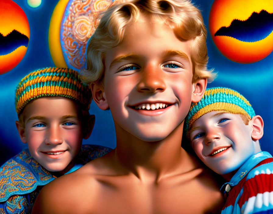 Colorful Knit Hat Kids Surrounded by Celestial Imagery