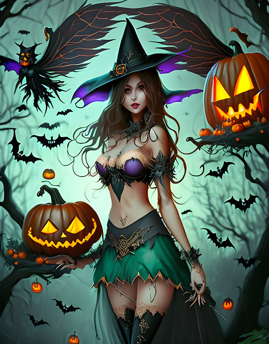 Illustrated fantasy witch with large hat in spooky forest with jack-o'-lanterns, bats,