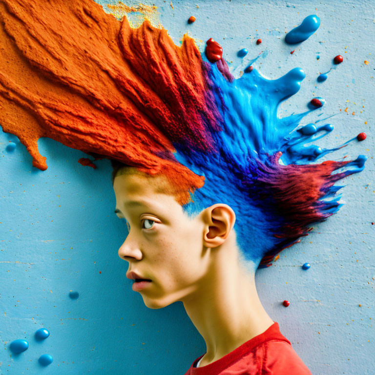 Child's Profile Portrait with Red and Blue Paint Splash on Blue Background