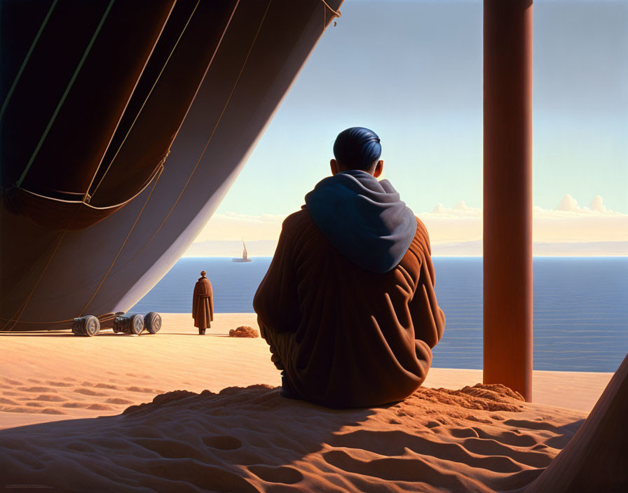 Person in Blue Robe Sitting by Large Sail Overlooking Tranquil Sea