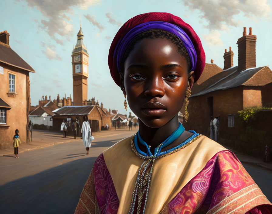 Young woman in traditional attire on sunlit street with clock tower