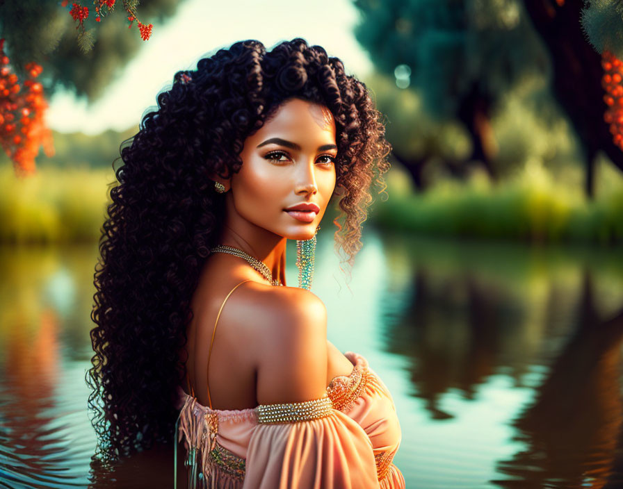 Woman with Curly Hair in Peach Dress by Lake and Greenery